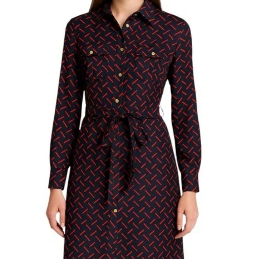 100% Silk Navy + Red Patterned Shirt Dress